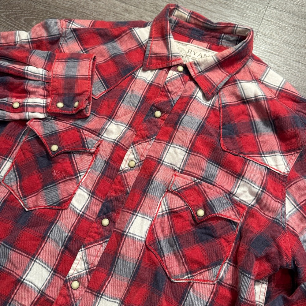 Ryan Michael Shirt Mens Large Red Cotton Plaid Pearl Snap Western Rodeo Country